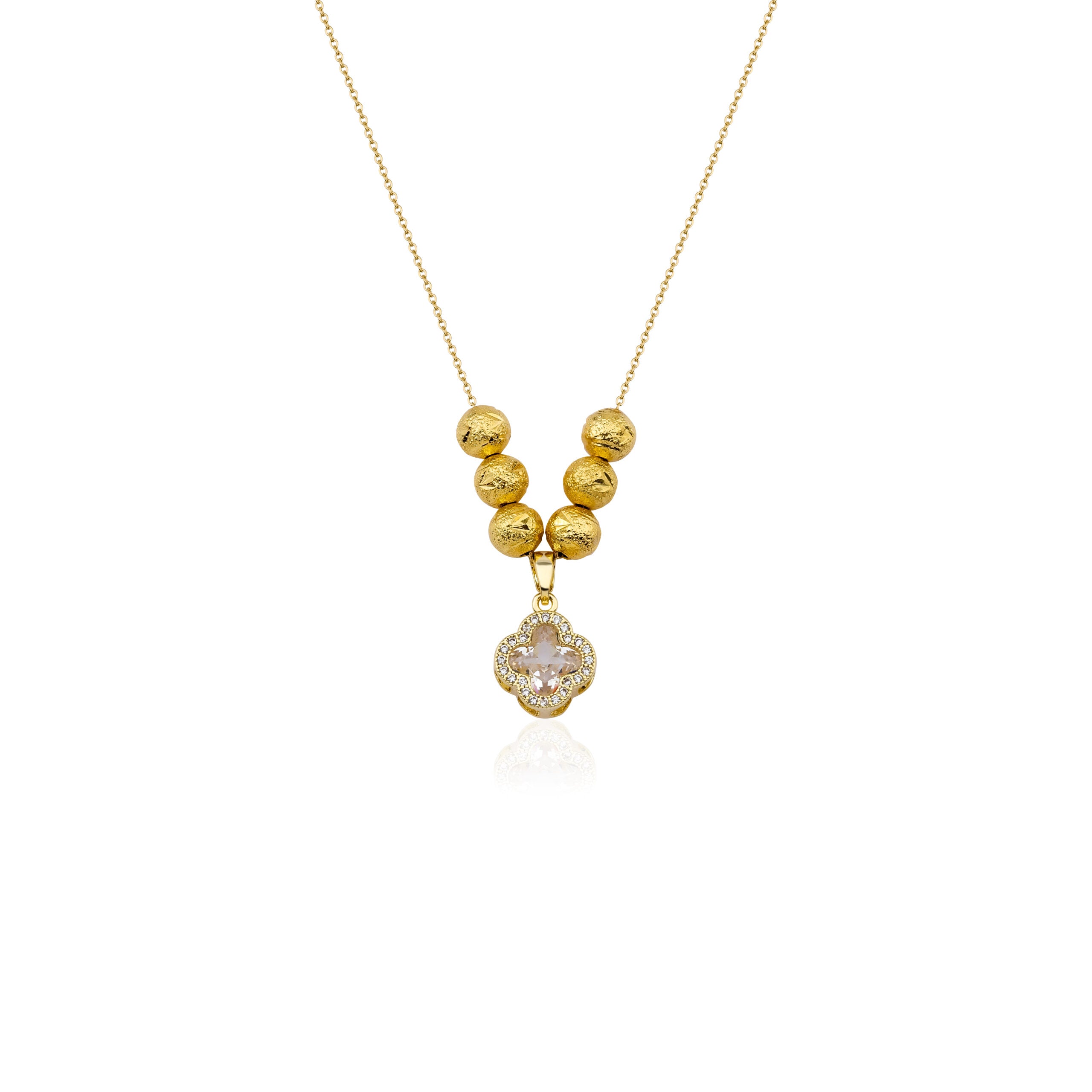 Gold Ball Diamond Clover Necklace